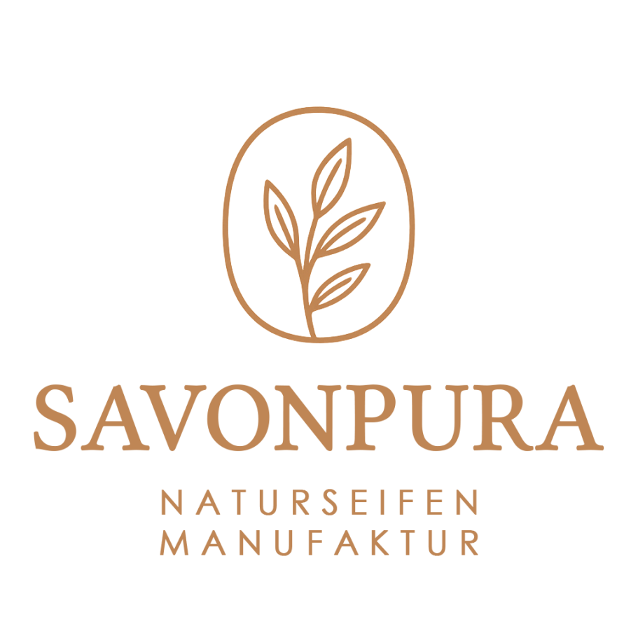 SAVONPURA Naturseifen Manufaktur mit Pflanzenstrauch Logo in dezentem rot-beige