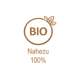 Bio-Siegel mit dem Text "Nahezu 100%" und Blättern im Design.