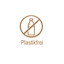 Symbol für plastikfreie Produkte mit gesperrter Flasche und Text "Plastikfrei".