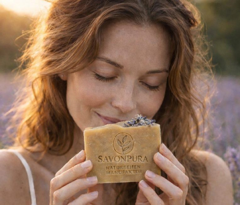 verschiedene Naturseifen handgefertigt Verschiedene Seifenstücke in verschiedenen Farben und Texturen angeordnet.