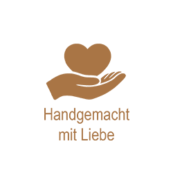 Braune Hand mit Herz, darunter der Text "Handgemacht mit Liebe".